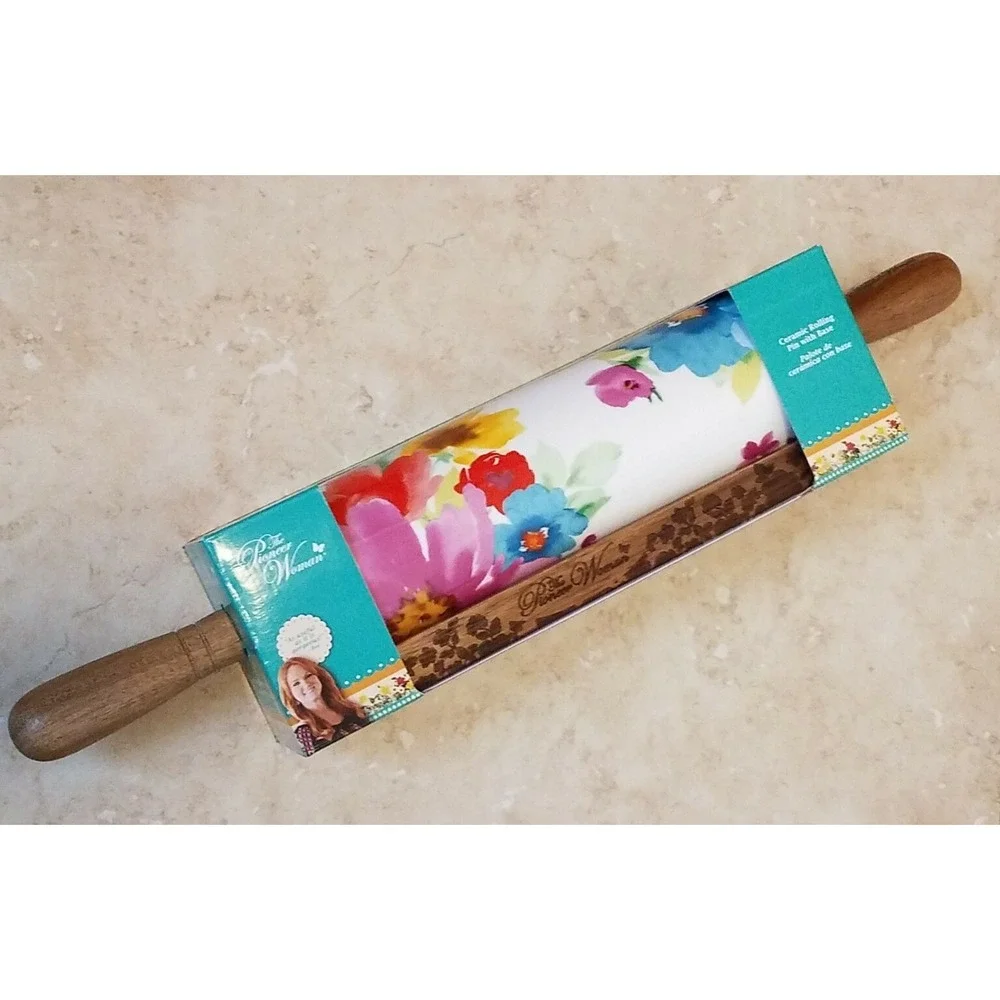 The‎ Pioneer Woman Breezy Blossoms Ceramic Rolling Pin Wood Handles Stand NEW